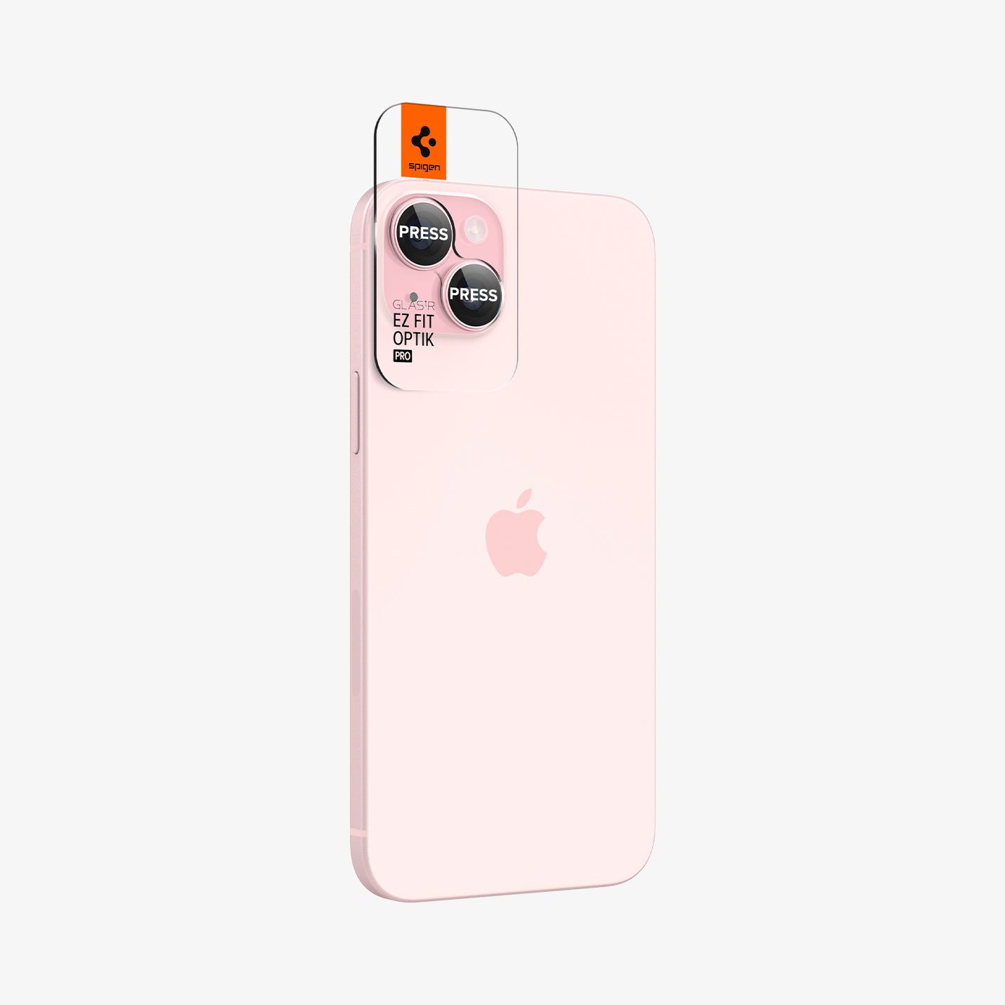 AGL07167 - iPhone 15 Plus Optik Pro EZ Fit Lens Protector in Pinky showing the back, partial side and optic tray aligned with the device lens
