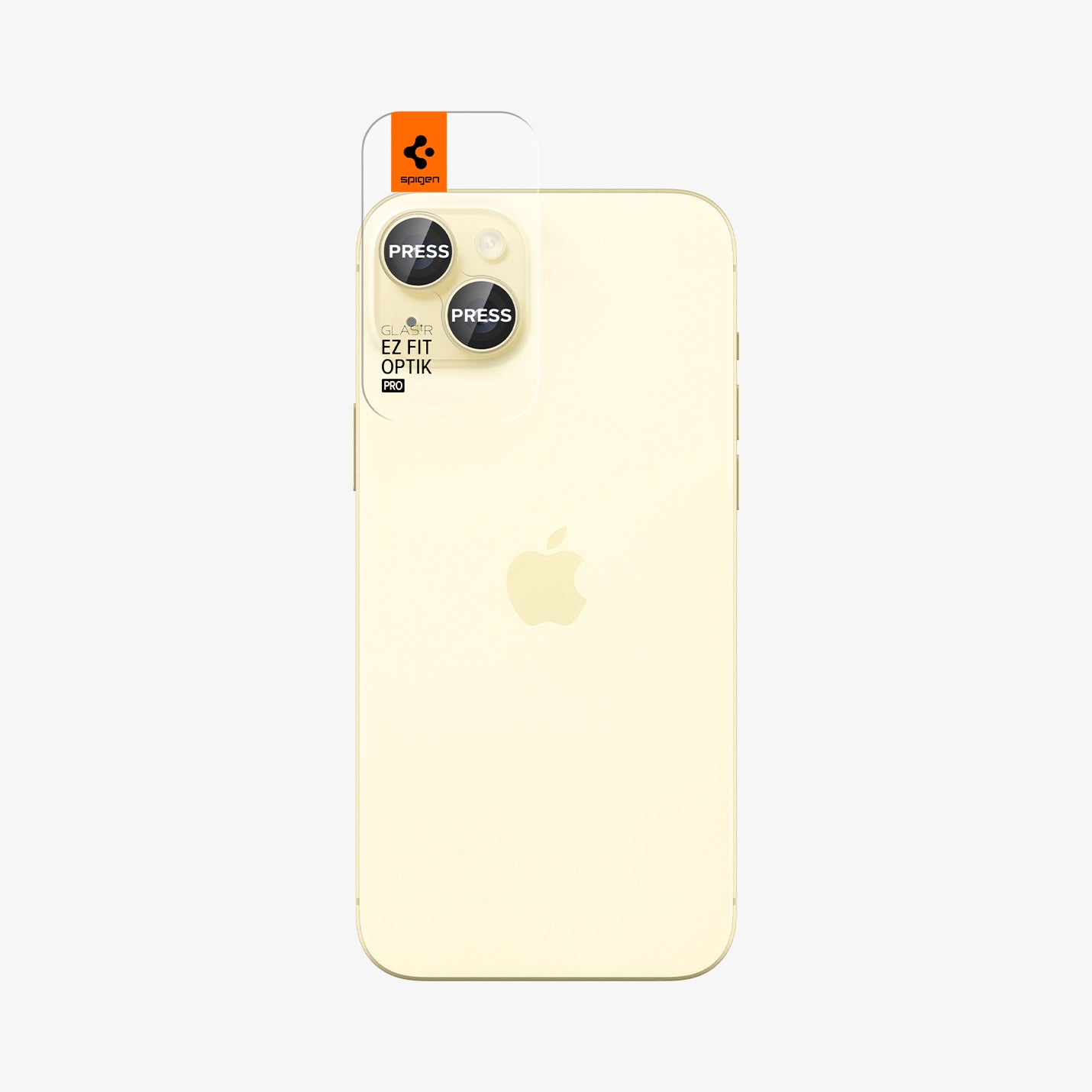 AGL07168 - iPhone 15 Plus Optik Pro EZ Fit Lens Protector in Yellow showing the back of the device, aligned optic tray to the camera lens