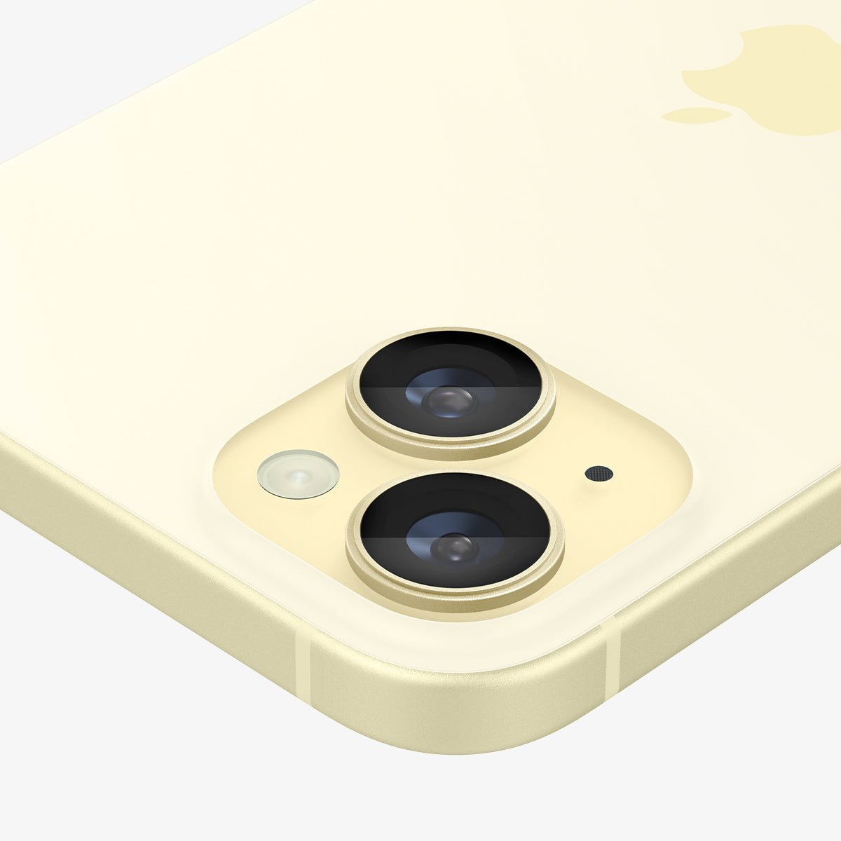 AGL07168 - iPhone 15 Plus Optik Pro EZ Fit Lens Protector in Yellow showing the back and side, camera lens zoomed in