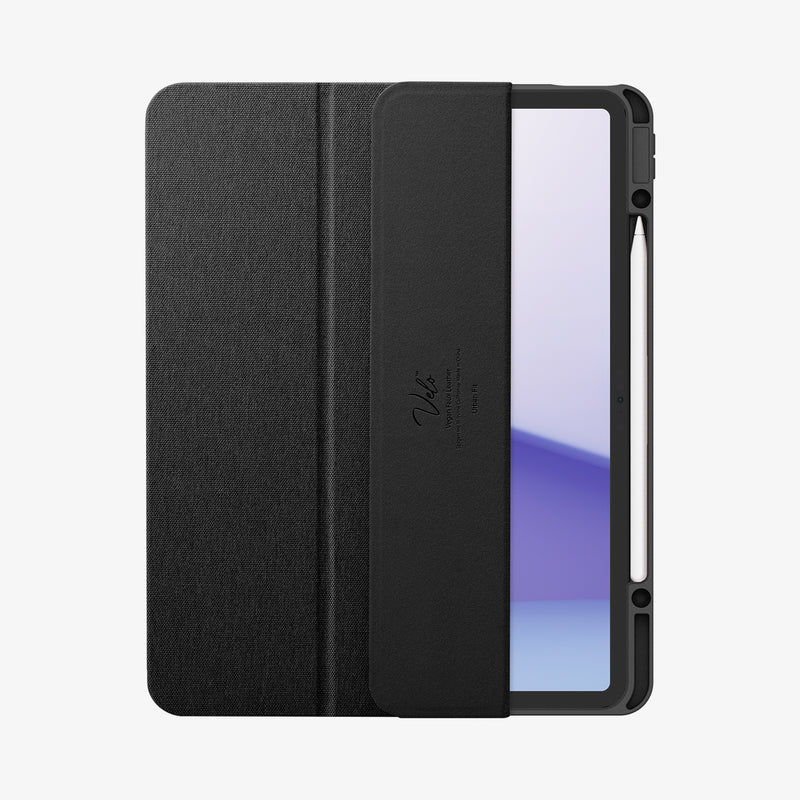 ACS07671 - iPad Air 12.9-inch Case Urban Fit in Black showing the front, partially open with stylus pen