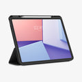 ACS07671 - iPad Air 12.9-inch Case Urban Fit in Black showing the front with stylus and front cover folded, propped up behind to serve as a stand