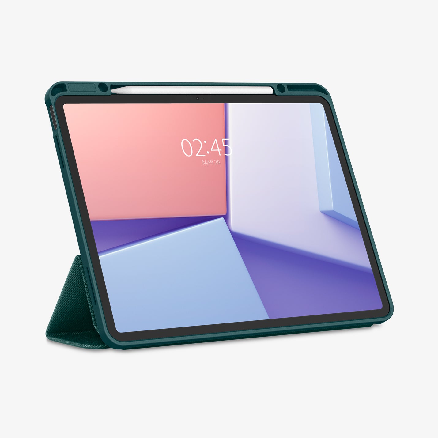 ACS07672 - iPad Air 12.9-inch Case Urban Fit in Midnight Green showing the front with stylus and front cover folded, propped up behind to serve as a stand