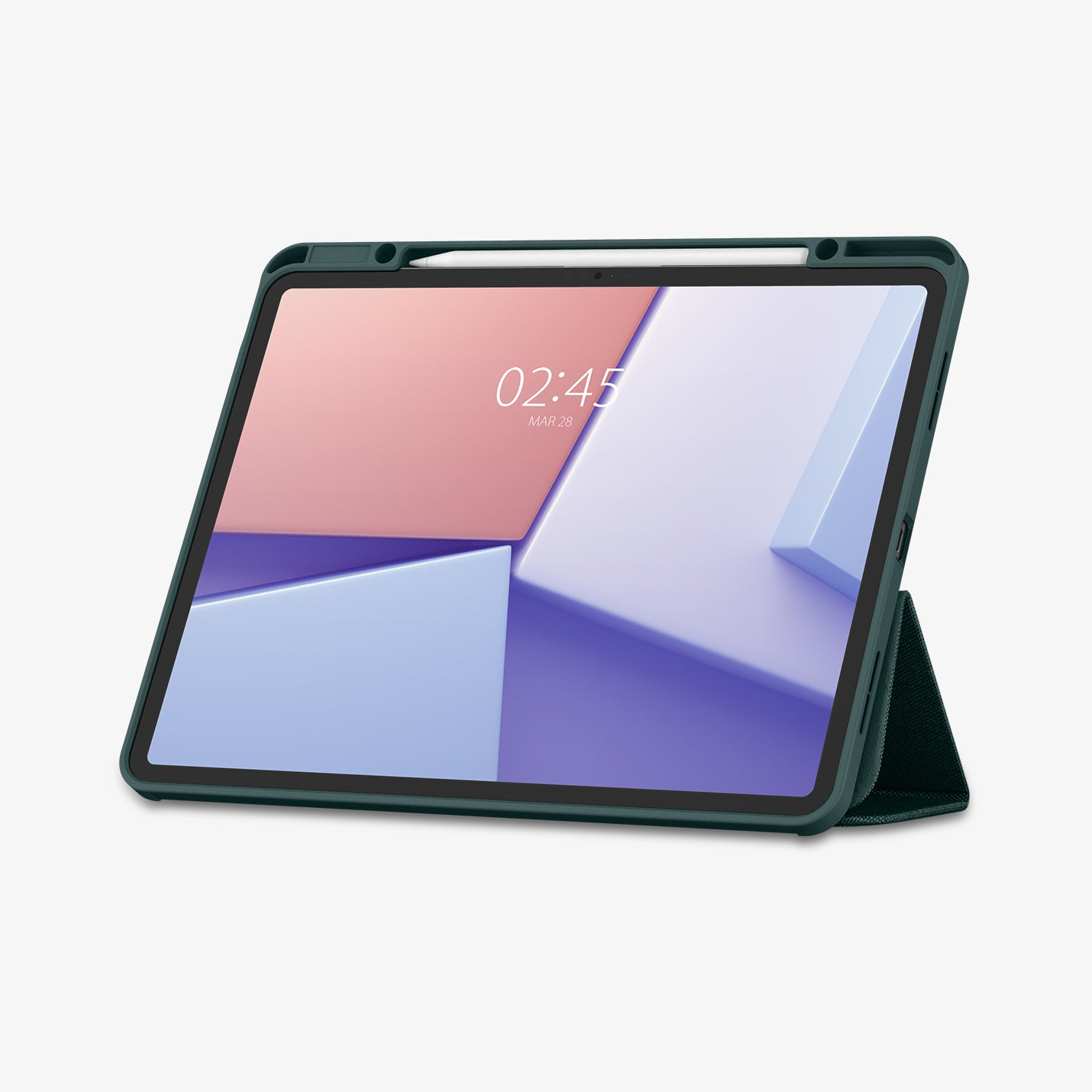 ACS07672 - iPad Air 12.9-inch Case Urban Fit in Midnight Green showing the front with stylus pen attached, and partial folded front cover propped up as a stand