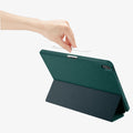 ACS07672 - iPad Air 12.9-inch Case Urban Fit in Midnight Green showing the back, with a folded front cover propped up as a stand while a hand holding a stylus pen