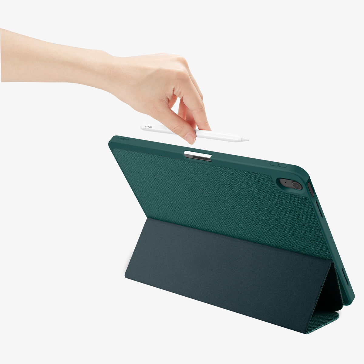 ACS07672 - iPad Air 12.9-inch Case Urban Fit in Midnight Green showing the back, with a folded front cover propped up as a stand while a hand holding a stylus pen