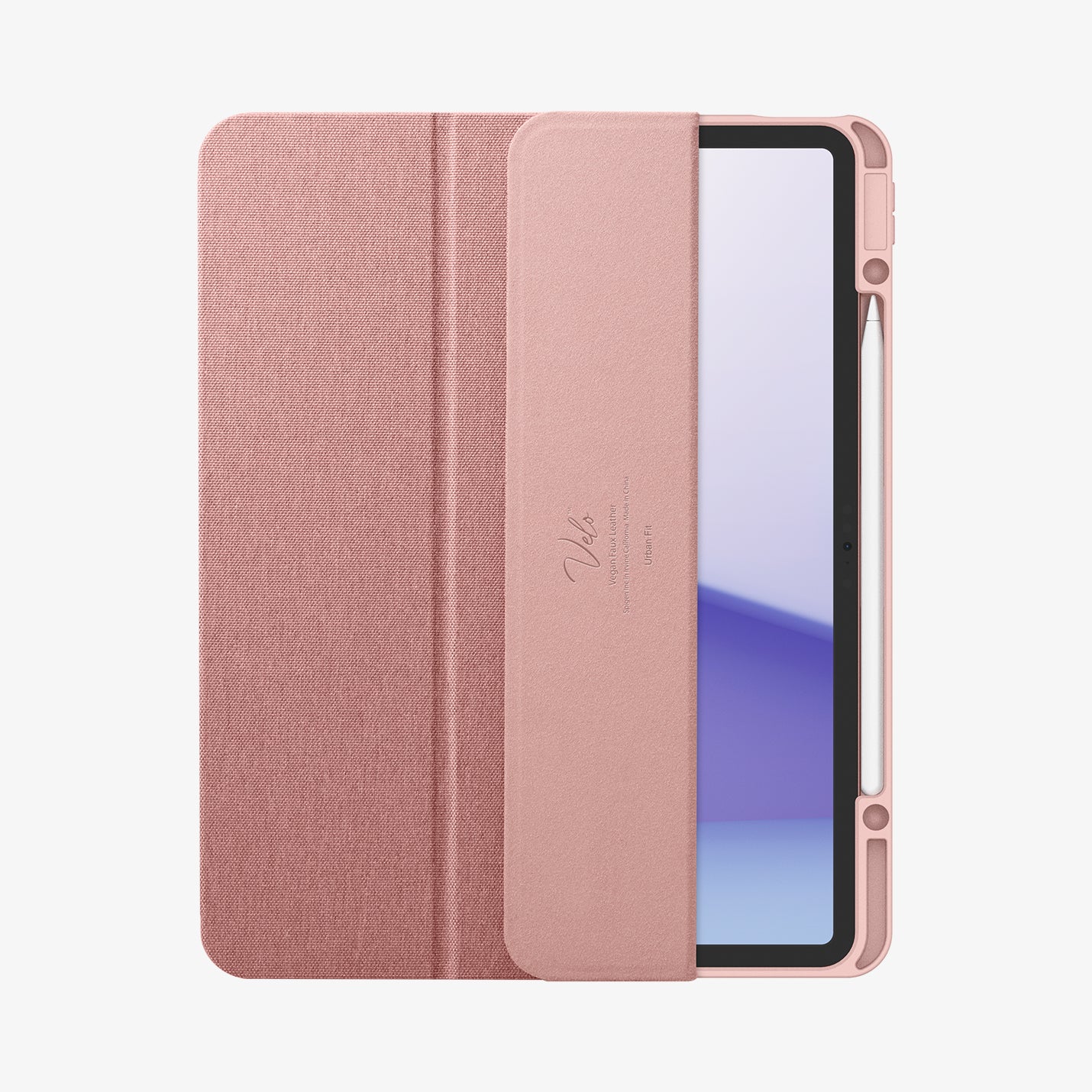 ACS07673 - iPad Air 12.9-inch Case Urban Fit in Rose Gold showing the front, partially open with stylus pen