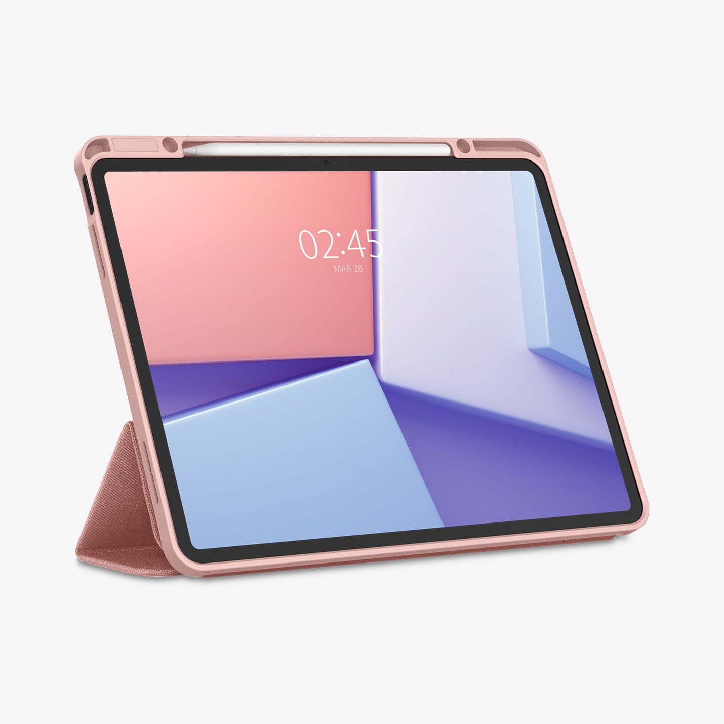 ACS07673 - iPad Air 12.9-inch Case Urban Fit in Rose Gold showing the front with stylus and front cover folded, propped up behind to serve as a stand