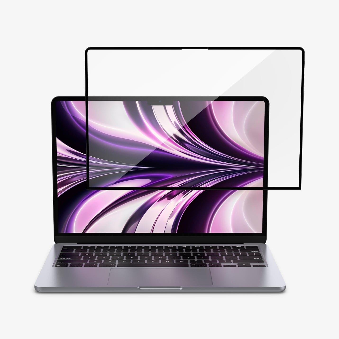 AGL05504 - MacBook Air 13-inch (2022) GLAS.tR SLIM in Clear showing the front of tempered glass hovering in front of a device