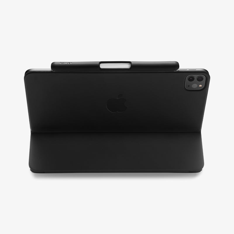 APP04545 - Apple Pencil Holder DA20 in Black showing the back of the case propped up by the built-in stand and back of the pen holder