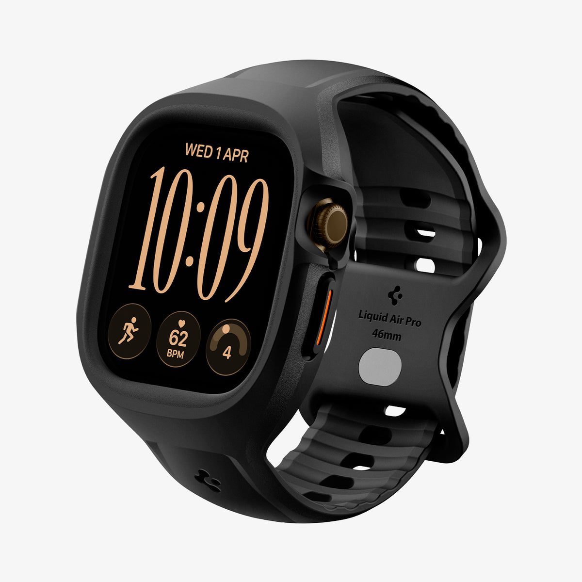 ACS11899 - Apple Watch 12 (46mm) Liquid Air Pro showing an angled front view of a smartwatch with an integrated protective case and ventilated band