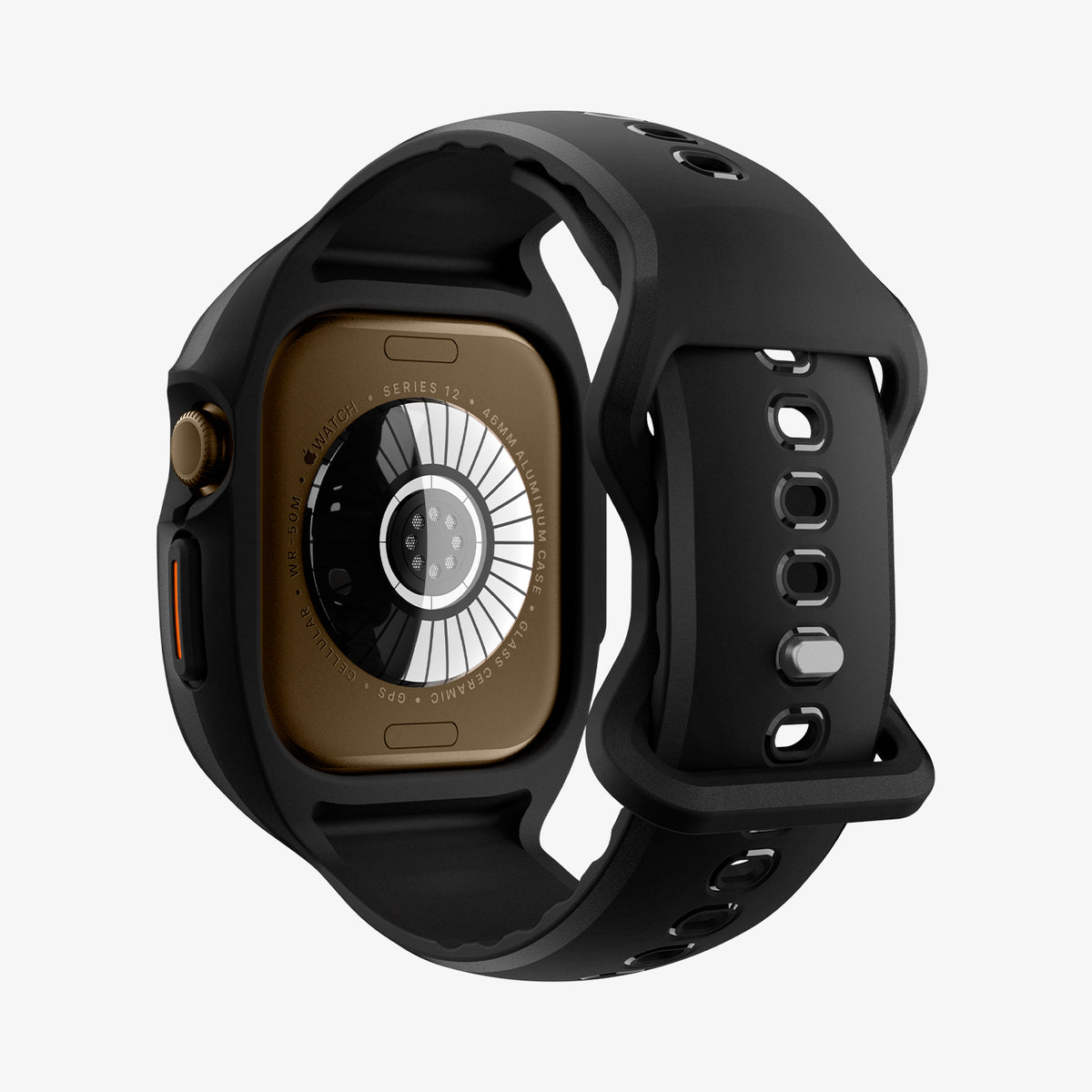 ACS11899 - Apple Watch 12 (46mm) Liquid Air Pro showing a full front view of the smartwatch with an integrated case and adjustable perforated band