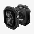 ACS11877 - Apple Watch Series 12(42mm) Case Rugged Armor in Matte Black showing front and back angled views highlighting the protective frame, button coverage, and open sensor area