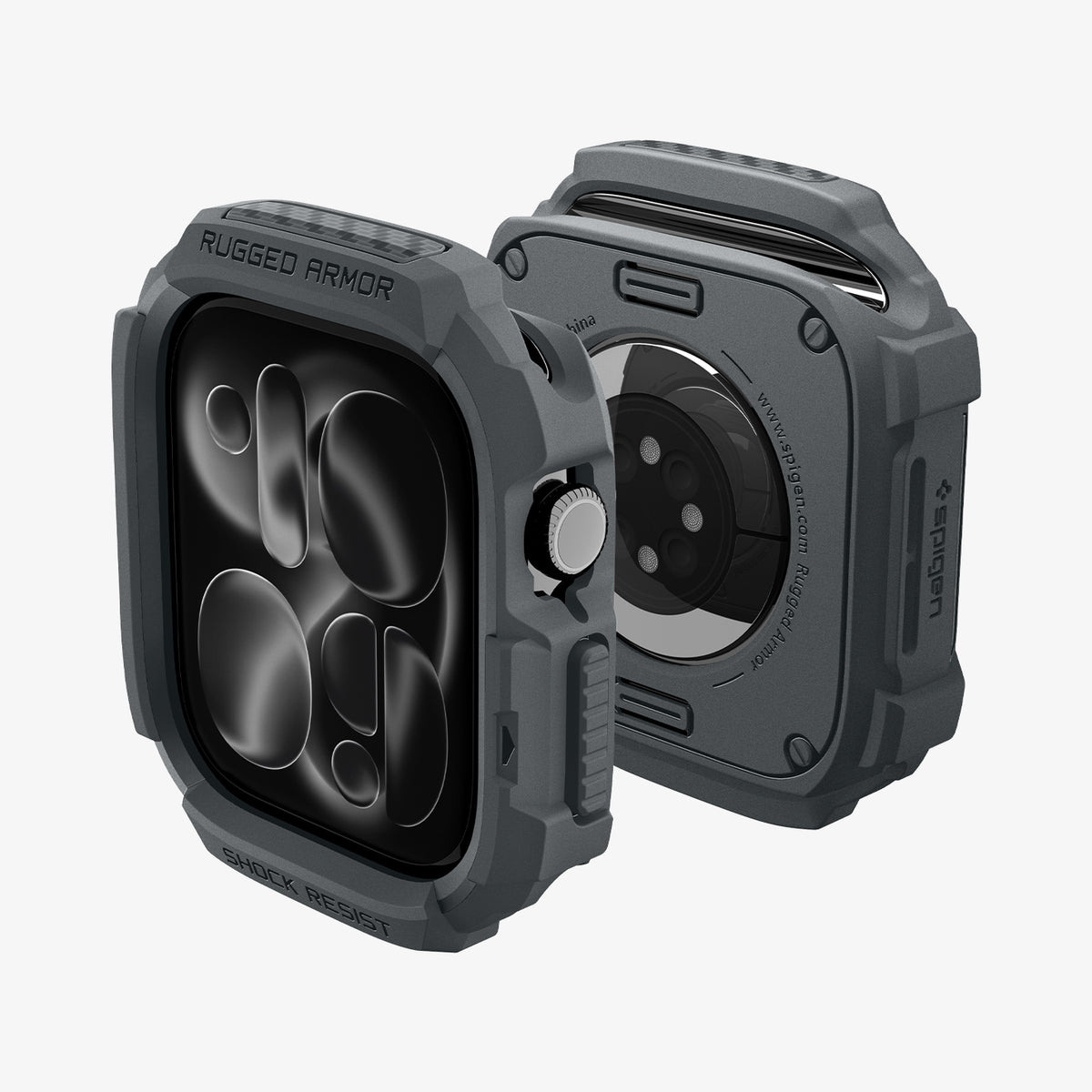 ACS11887 - Apple Watch Series 12 (46mm) Case Rugged Armor in Dark Gray showing front and back angled views highlighting the protective frame, button coverage, and open sensor area
