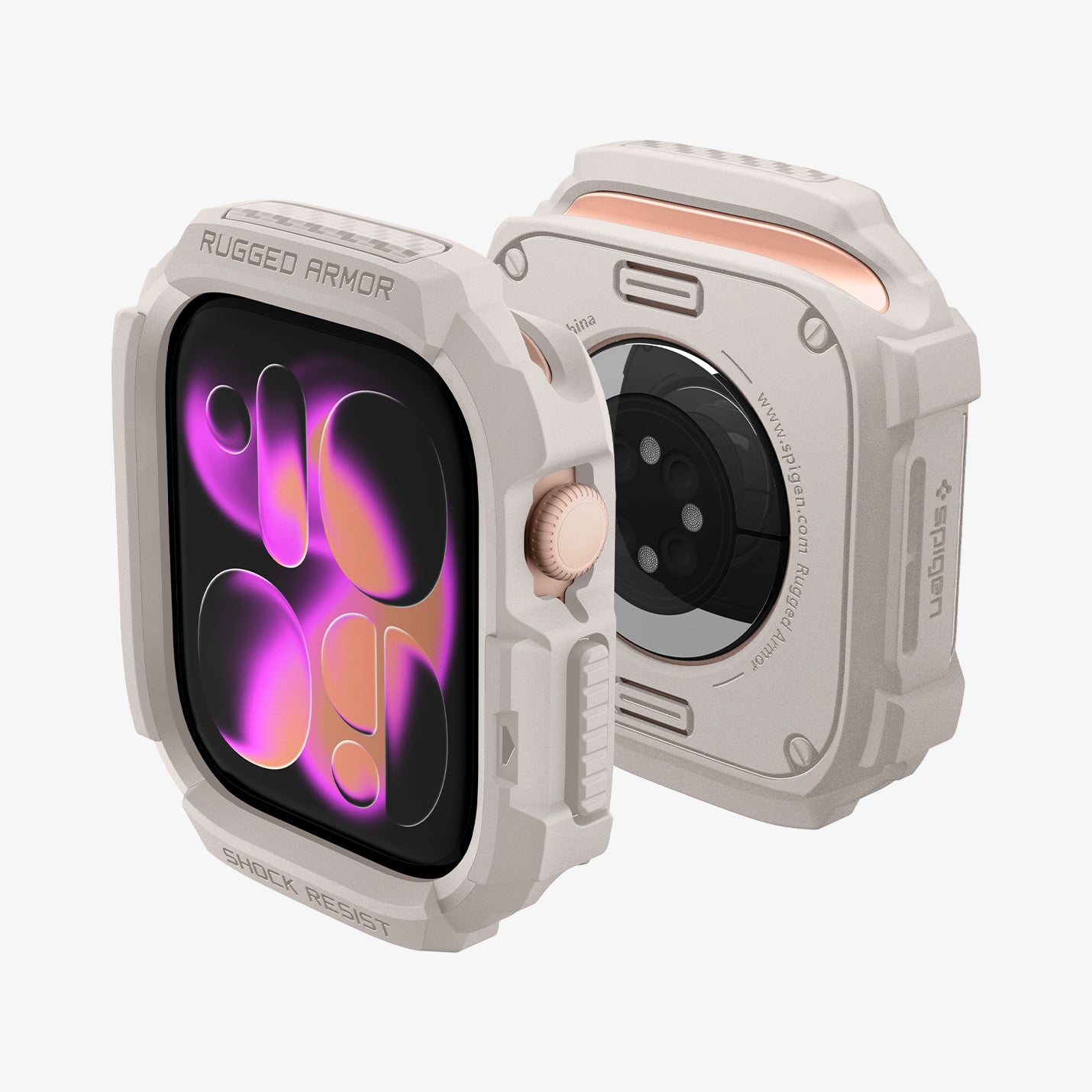 ACS11889 - Apple Watch Series 12 (46mm) Case Rugged Armor in Dune Beige showing front and back angled views highlighting the protective frame, button coverage, and open sensor area