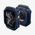 ACS11888 - Apple Watch Series 12 (46mm) Case Rugged Armor in Navy Blue showing front and back angled views highlighting the protective frame, button coverage, and open sensor area