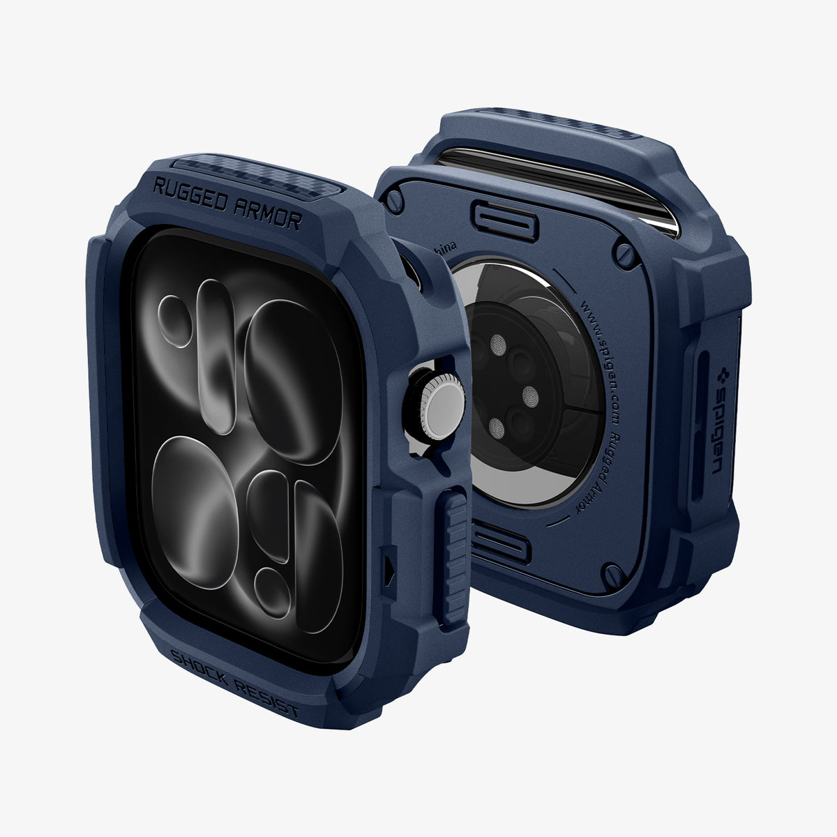 ACS11888 - Apple Watch Series 12 (46mm) Case Rugged Armor in Navy Blue showing front and back angled views highlighting the protective frame, button coverage, and open sensor area