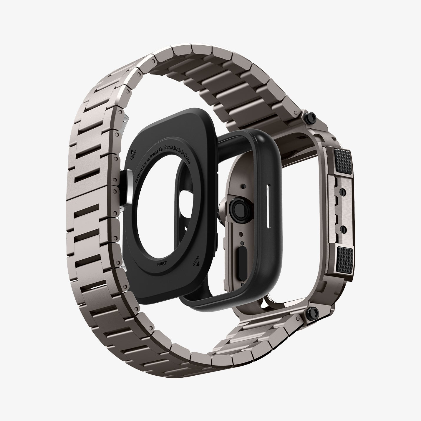 ACS07660 - Apple Watch (45mm) Case Metal Armor Pro in Gunmetal showing the back, apple watch head detached from the case hovering under the case