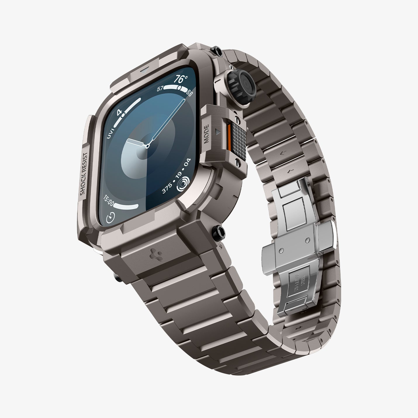 ACS07660 - Apple Watch (45mm) Case Metal Armor Pro in Gunmetal showing the front, partial side and inner side of the strap