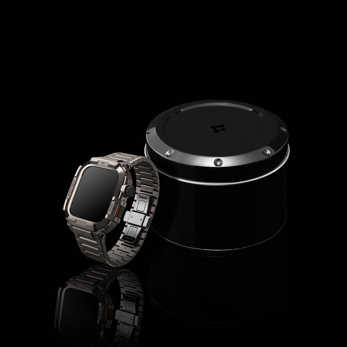 ACS07660 - Apple Watch (45mm) Case Metal Armor Pro in Gunmetal showing the top and side of an apple watch case box with the apple watch leaning beside the box