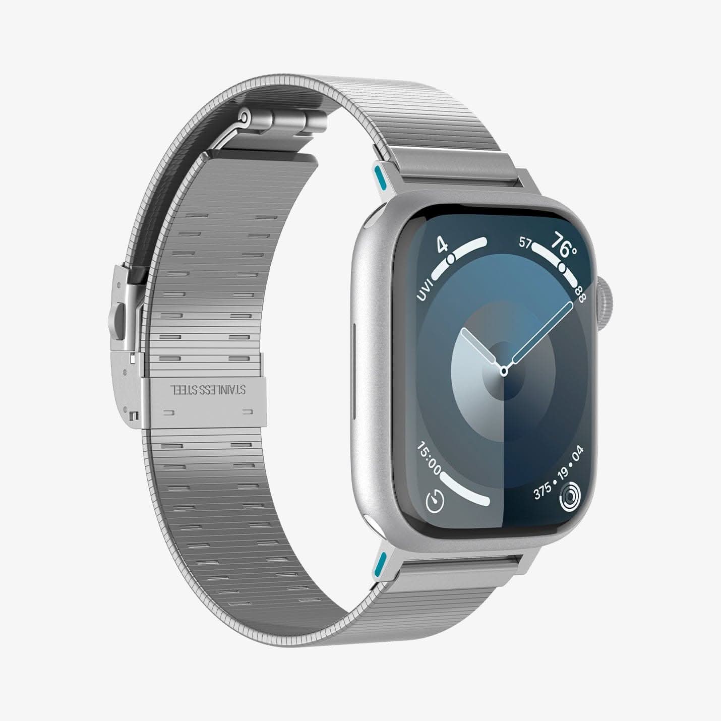 AMP07225 - Apple Watch (41mm) Sleek Link in Silver showing the front, partial side and partial inner part of the strap