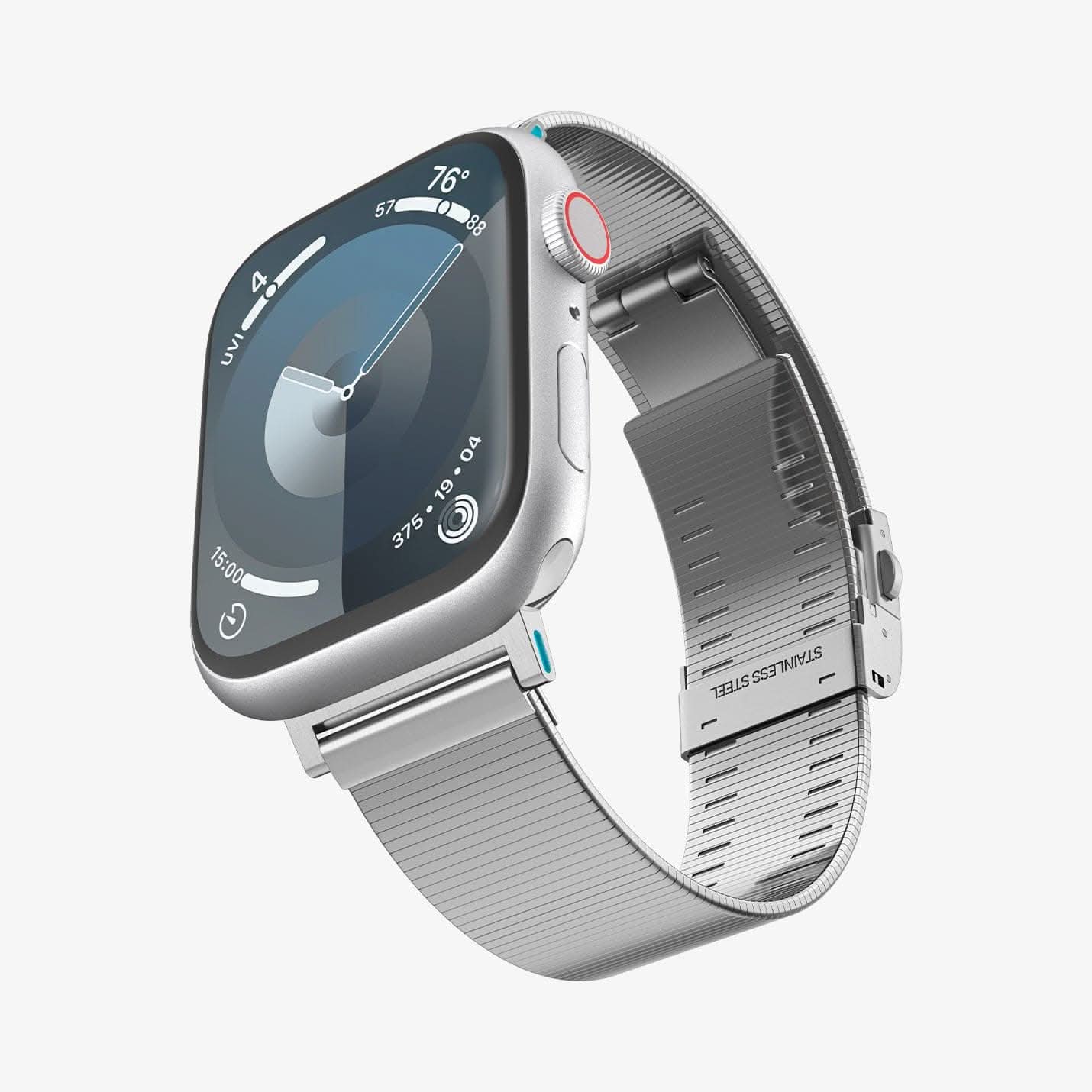 AMP07225 - Apple Watch (41mm) Sleek Link in Silver showing the front, partial side and partial inner part of a watch