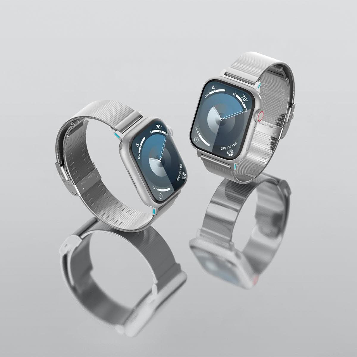 AMP07225 - Apple Watch (41mm) Sleek Link in Silver showing the front and sides of 2 watches facing each other