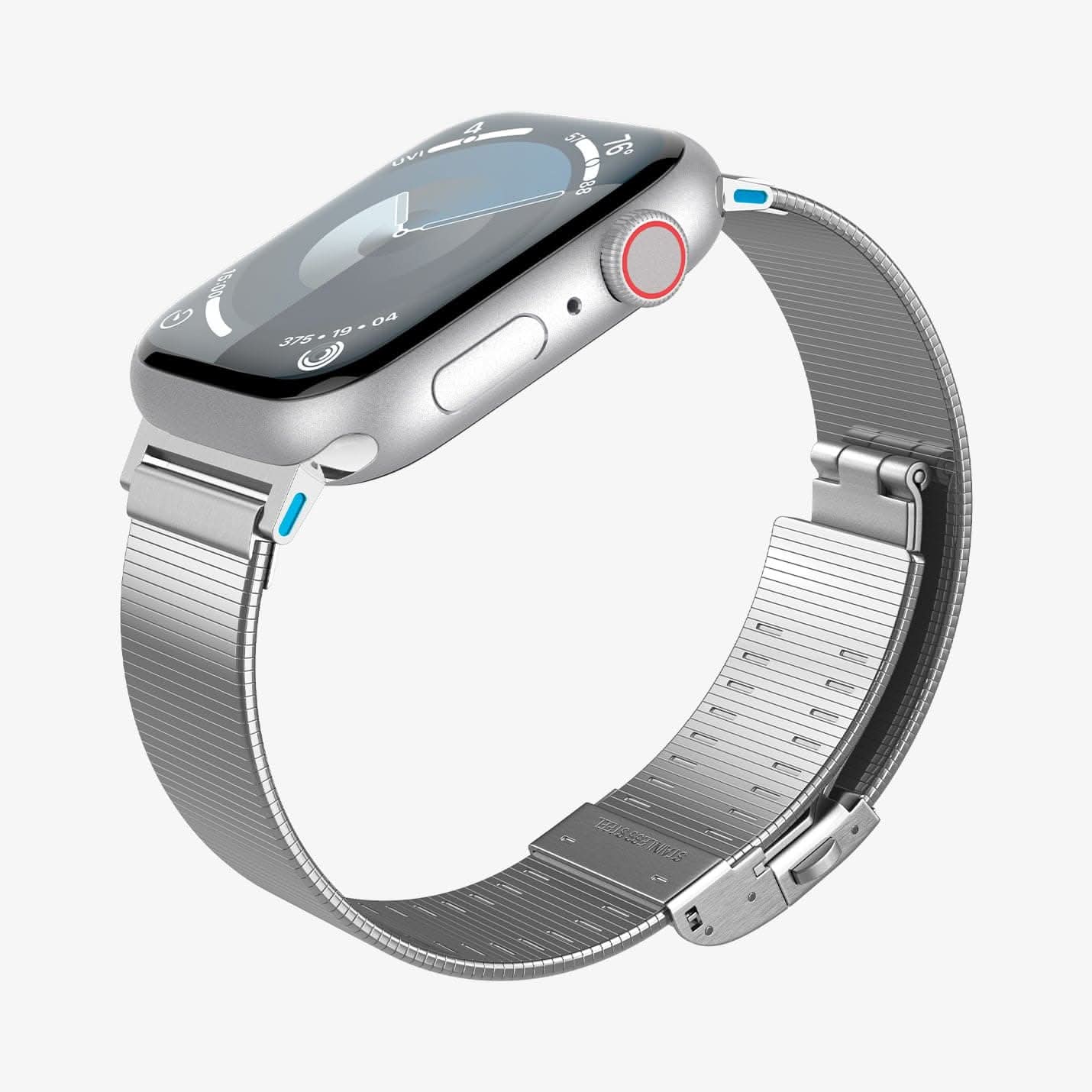 AMP07225 - Apple Watch (41mm) Sleek Link in Silver showing the partial front, partial sides and partial inner of the watch
