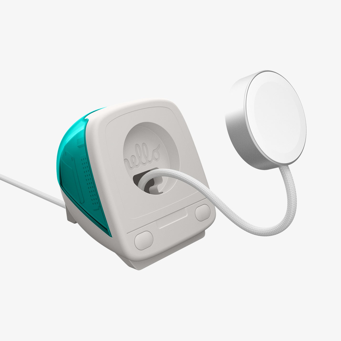 AMP09339 - Apple Watch Classic C1 Charger Stand in bondi blue showing case and front part of charging cable.