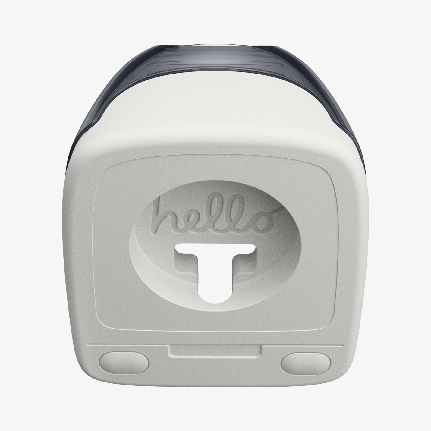 AMP09340 - Apple Watch Classic C1 Charger Stand in graphite showing front with hello word inside.