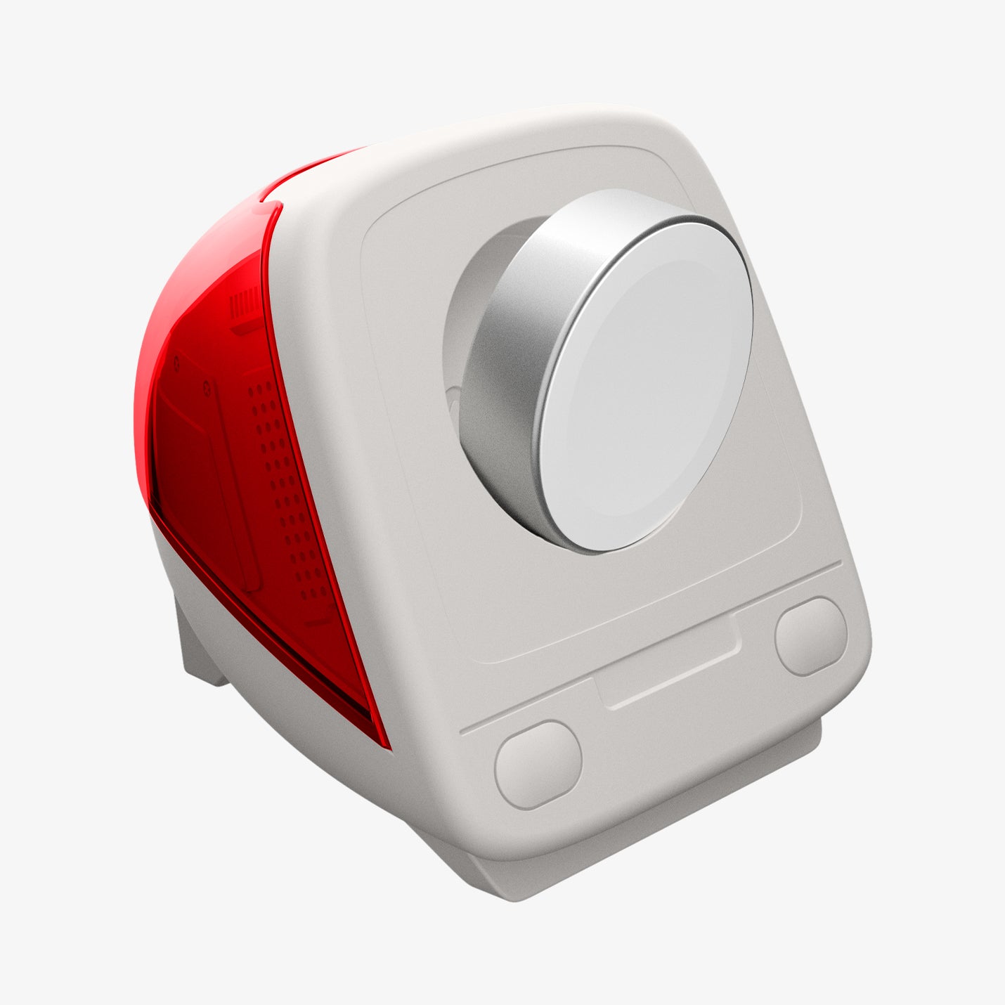 AMP09341 - Apple Watch Classic C1 Charger Stand in ruby showing case with charging cable in.