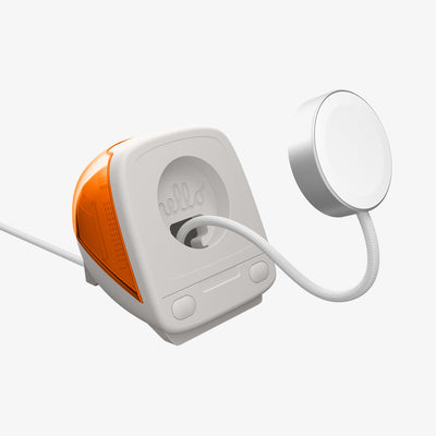 AMP09342 - Apple Watch Classic C1 Charger Stand in tangerine showing case and front part of charging cable.