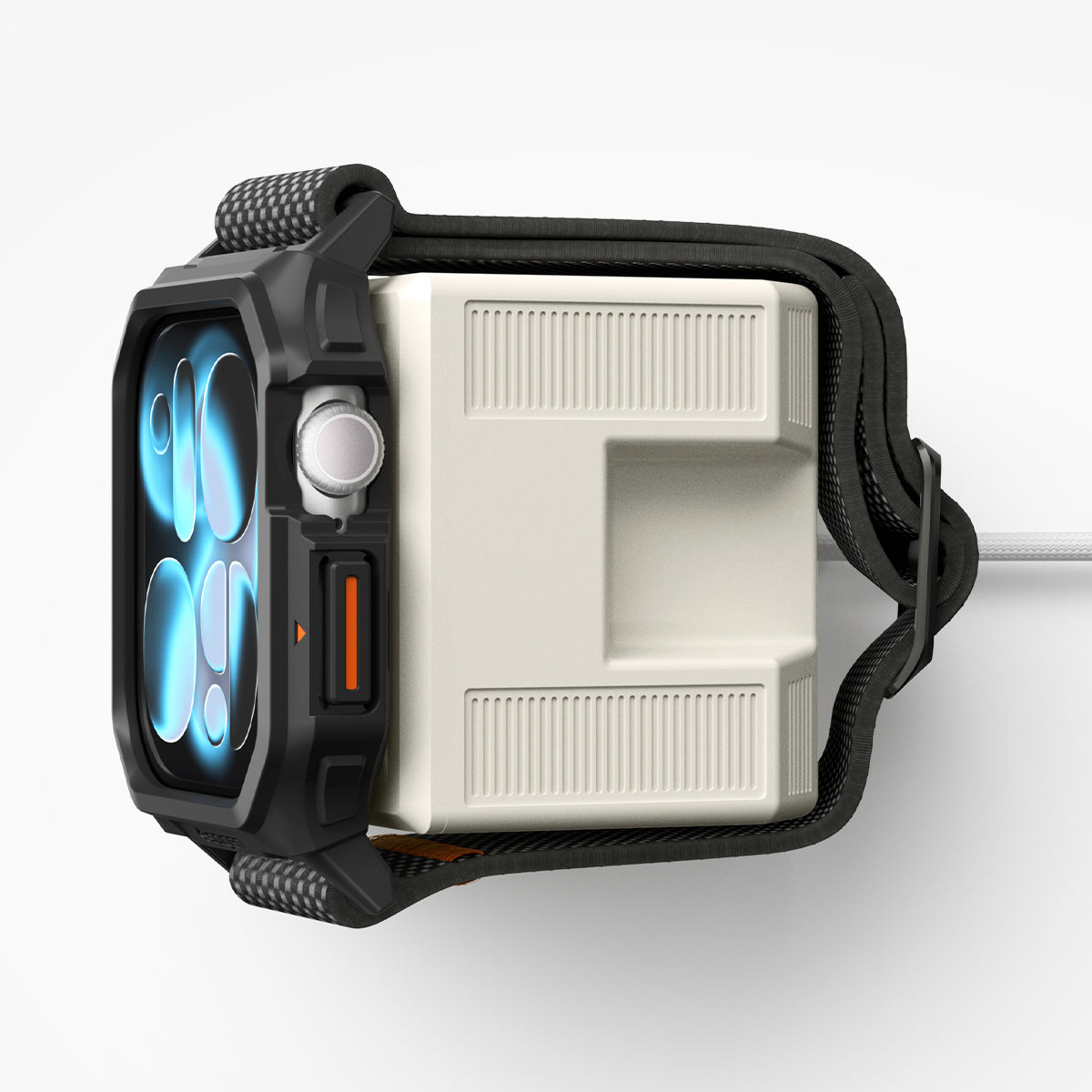 AMP11668 - Apple Watch Classic LS Charger Stand watch wraps around the charger stand with the charging cable routed neatly through the rear opening.