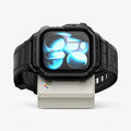 AMP11668 - Apple Watch Classic LS Charger Stand watch rests across the front of the compact charger stand with a retro computer inspired design.