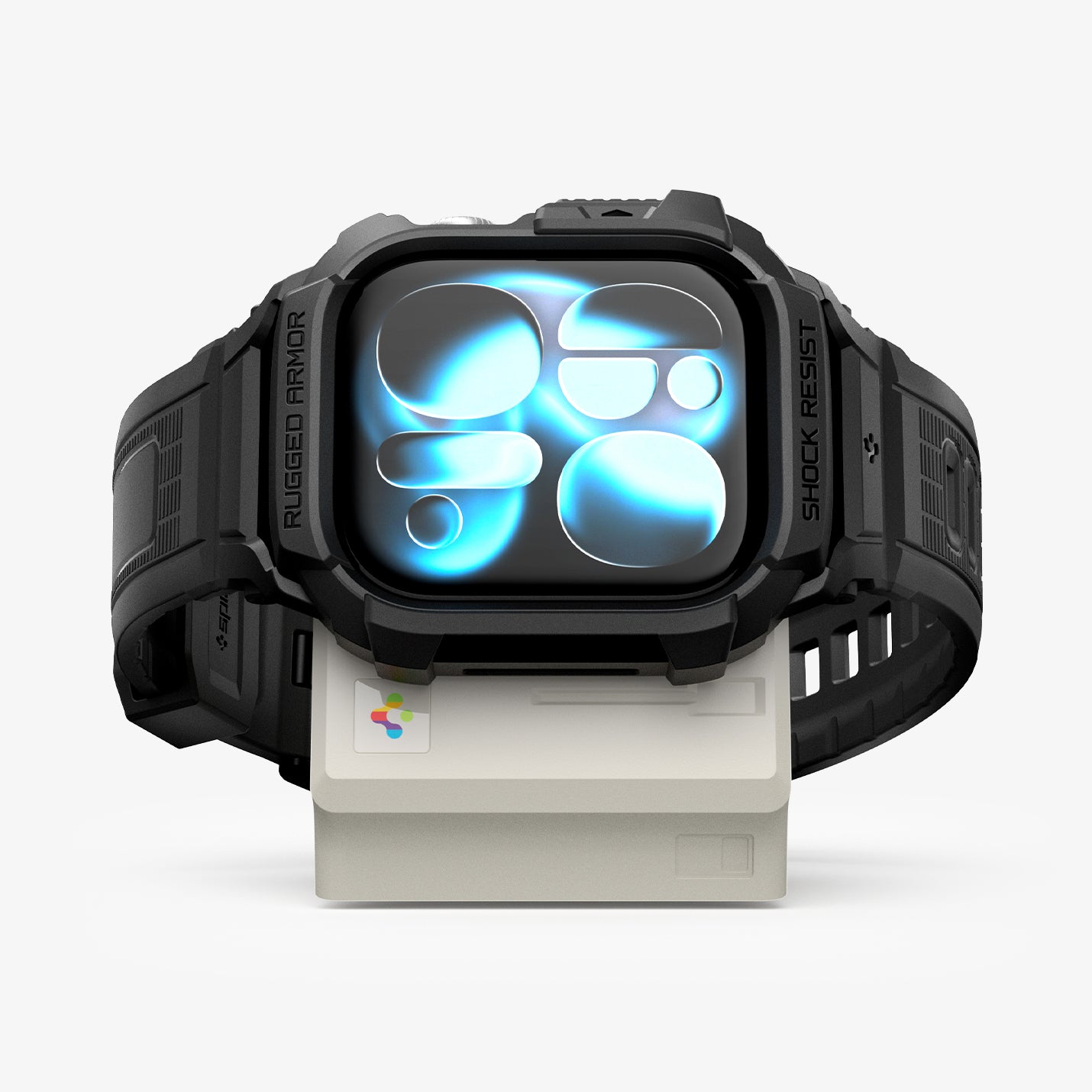 AMP11668 - Apple Watch Classic LS Charger Stand watch rests across the front of the compact charger stand with a retro computer inspired design.