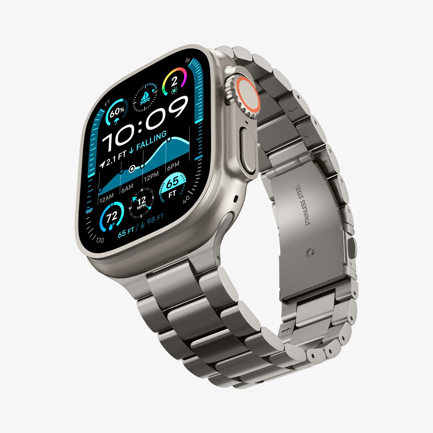 AMP09105 - Apple Watch Series - Modern Fit Titanium showing the front, partial side and inner side of the band