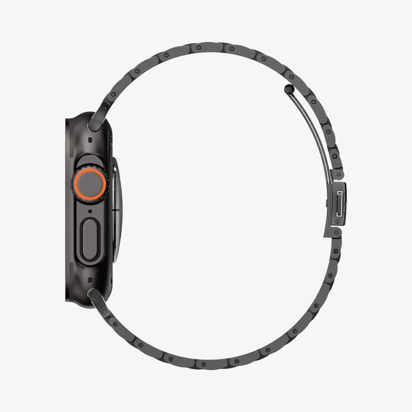 AMP11577 -  Apple Watch Series - Modern Fit Titanium Black side view shows the linked construction and slim profile around the watch.