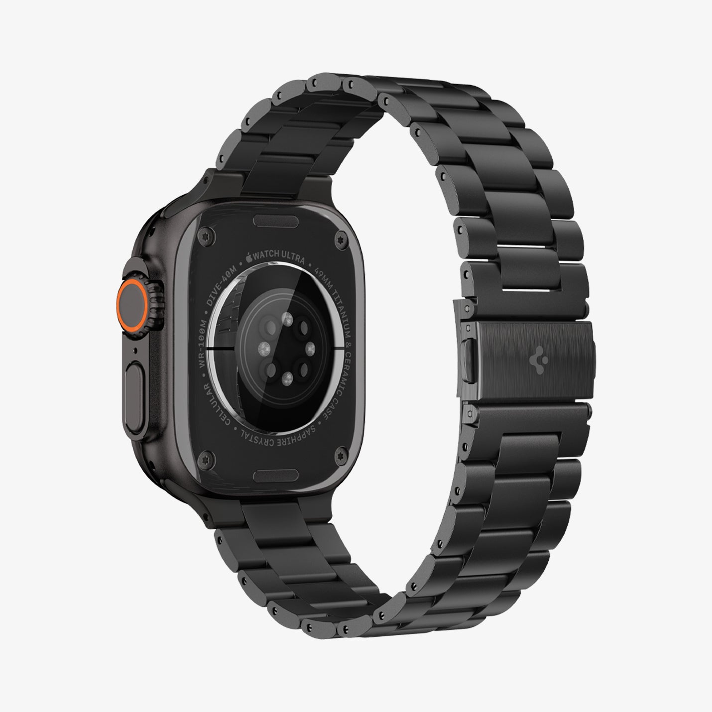 AMP11577 -  Apple Watch Series - Modern Fit Titanium Black angled rear view highlights the titanium links and folding buckle design.