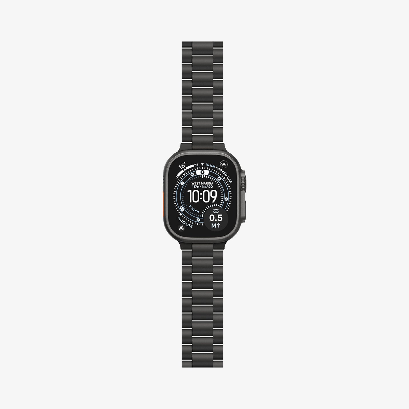AMP11577 -  Apple Watch Series - Modern Fit Titanium Black front view shows the full length of the titanium link band attached to the watch.