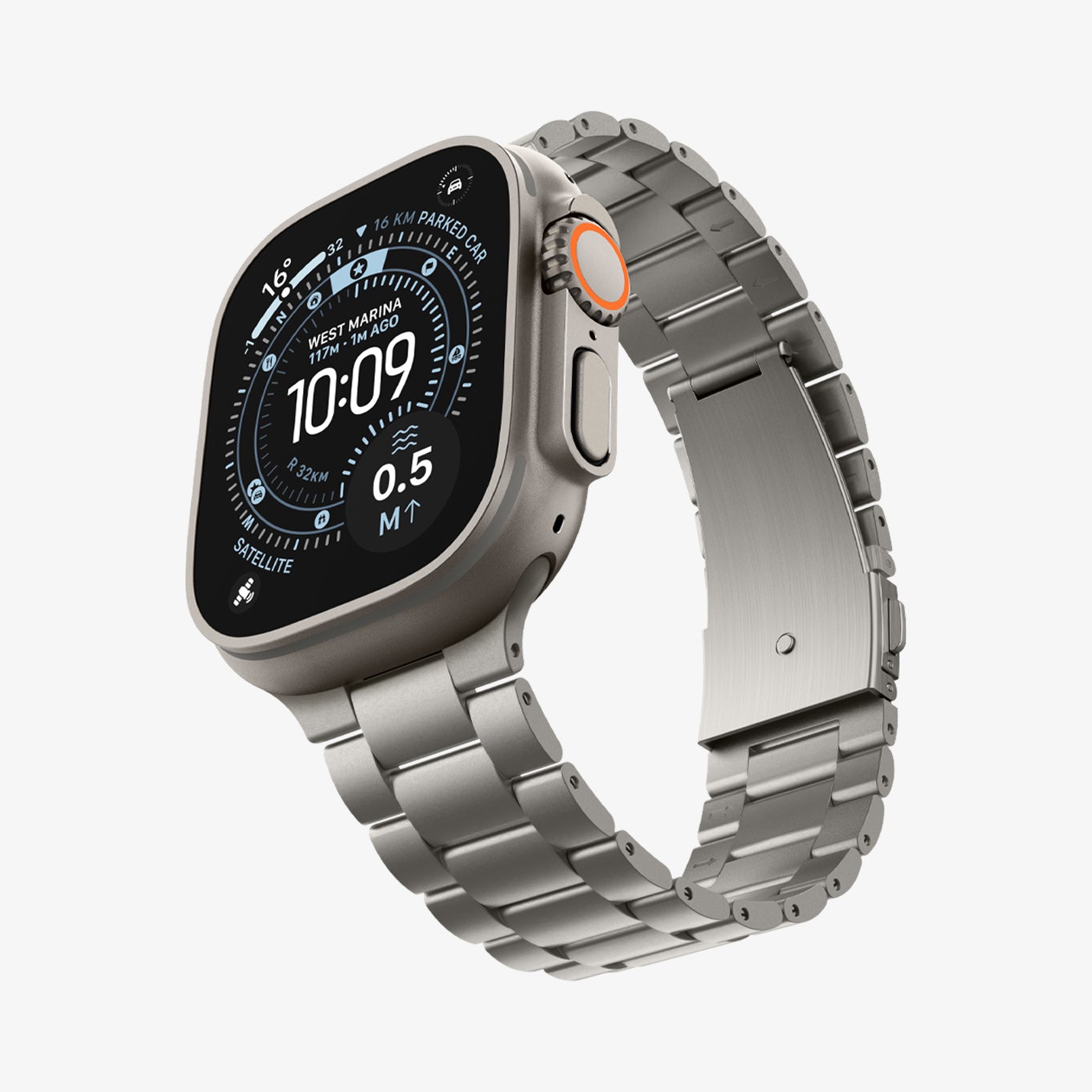 AMP09105 - Apple Watch Series - Modern Fit Titanium showing the front, partial side and inner side of the band
