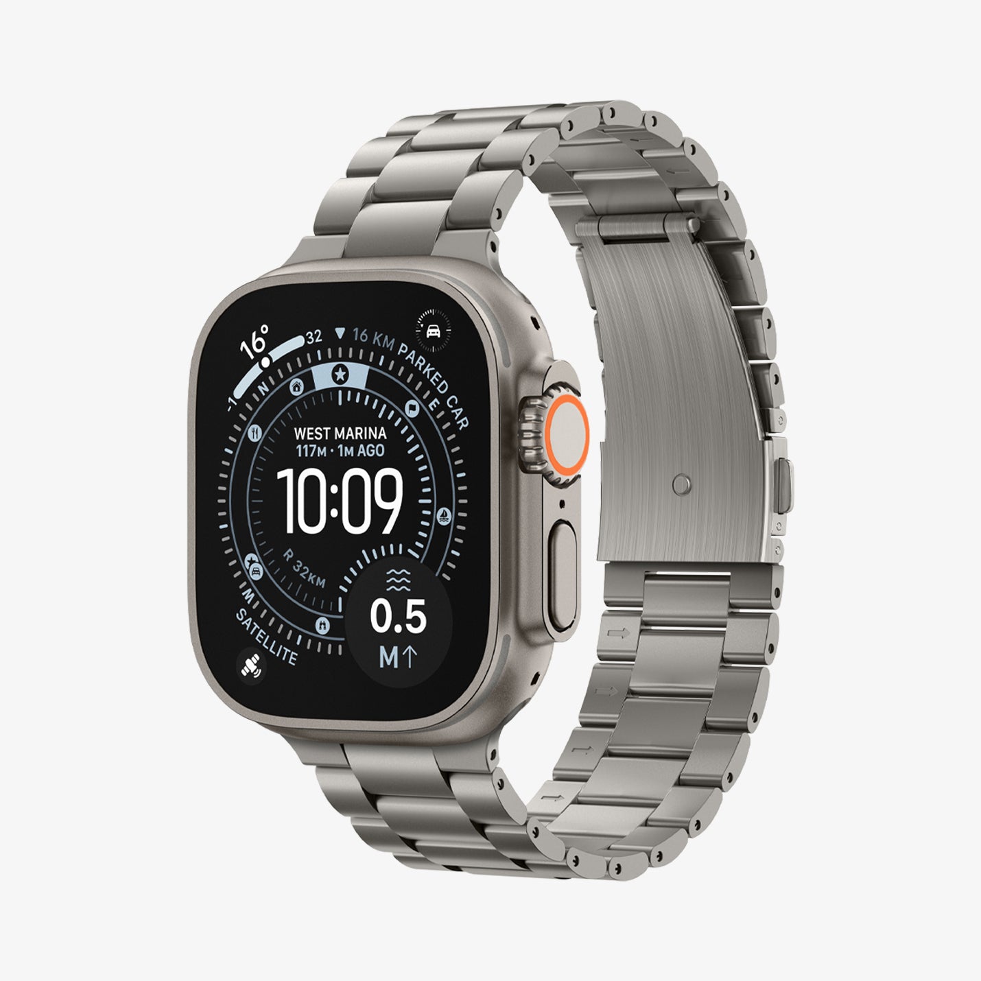 AMP09105 - Apple Watch Series - Modern Fit Titanium showing the front and inside of band
