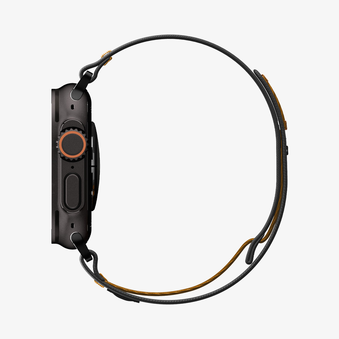 AMP10607 - Apple Watch Ultra Athlex Air 2 band black orange showing side profile view with slim braided cord loop design attached to Apple Watch Ultra highlighting lightweight minimalist strap structure