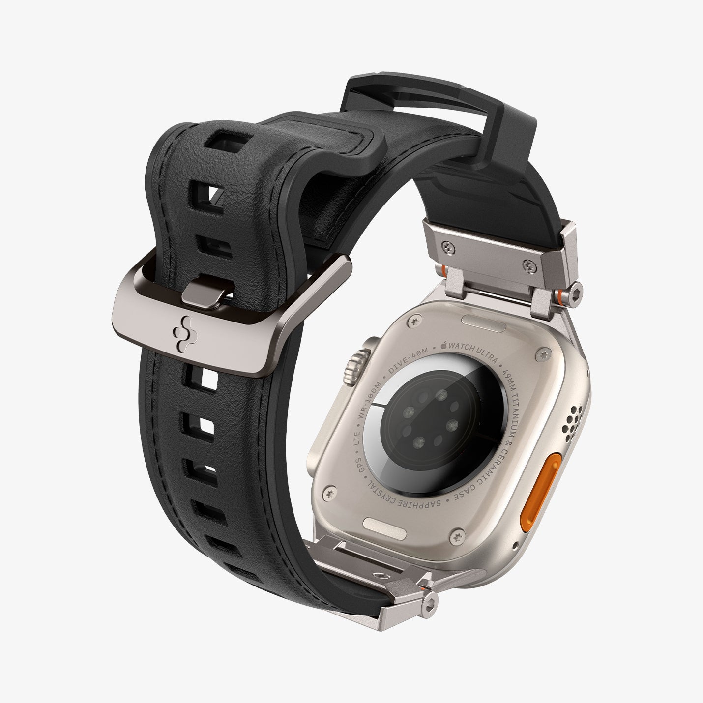 AMP07591 - Apple Watch (49mm) DuraPro Armor PU in Black showing the back, partial sides watch facing down