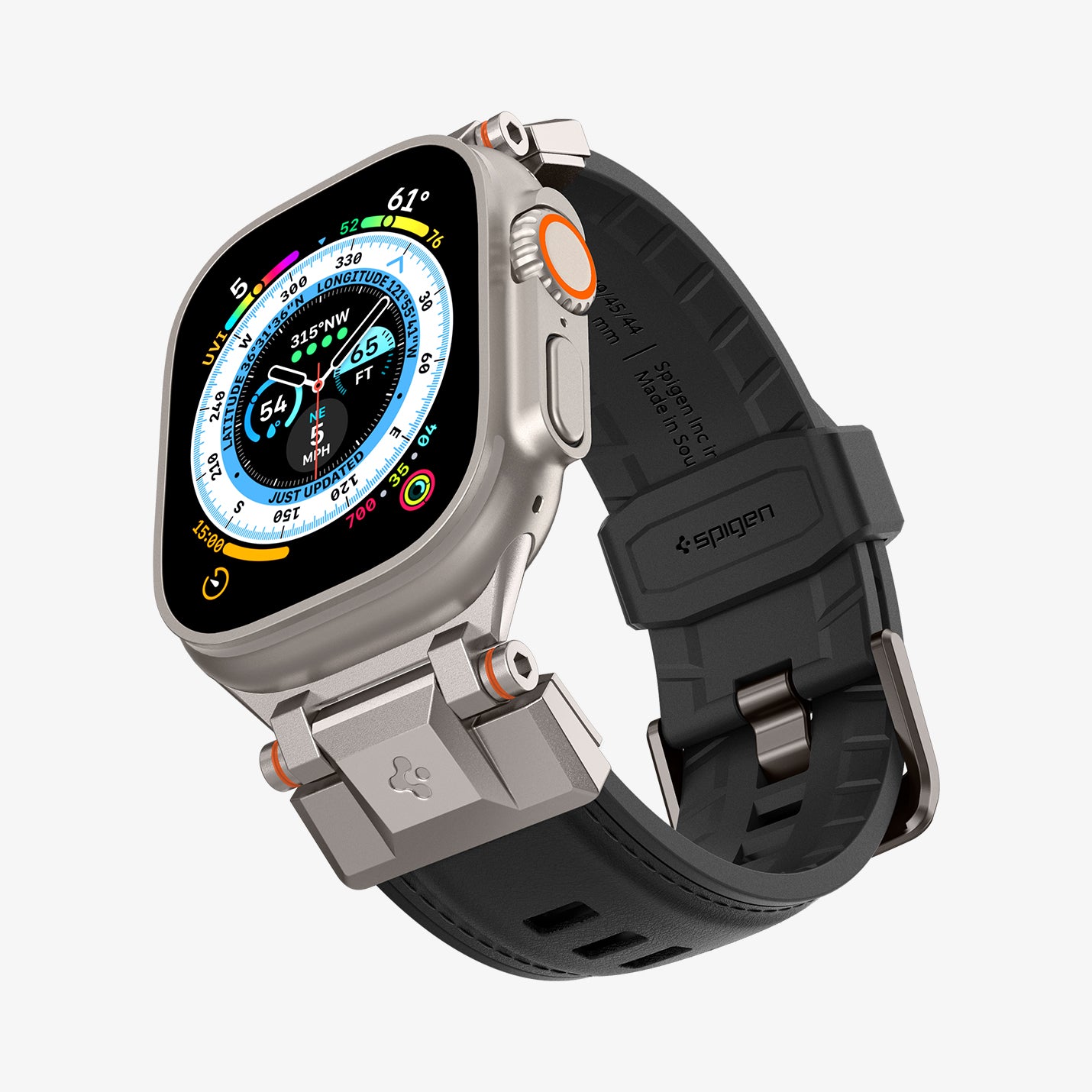 AMP07591 - Apple Watch (49mm) DuraPro Armor PU in Black showing the front, partial side and inner of the strap