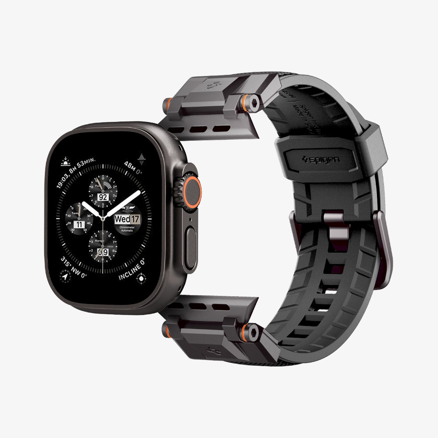 AMP09229 - Apple Watch Ultra (49mm) DuraPro Armor in Black Edition showing the watch face hovering in front of the watch band