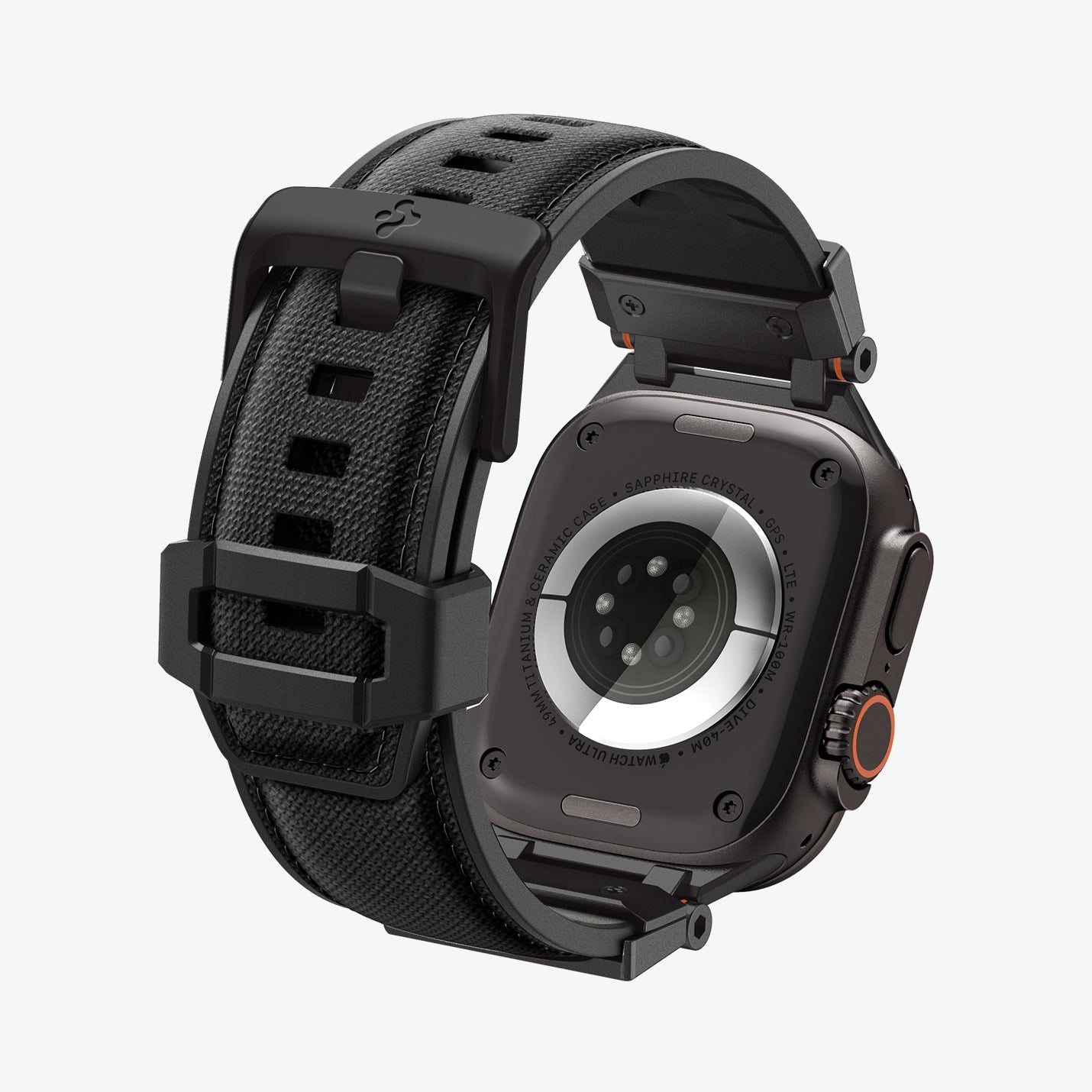 AMP09229 - Apple Watch Ultra (49mm) DuraPro Armor in Black Edition showing the back and partial inside of watch 
