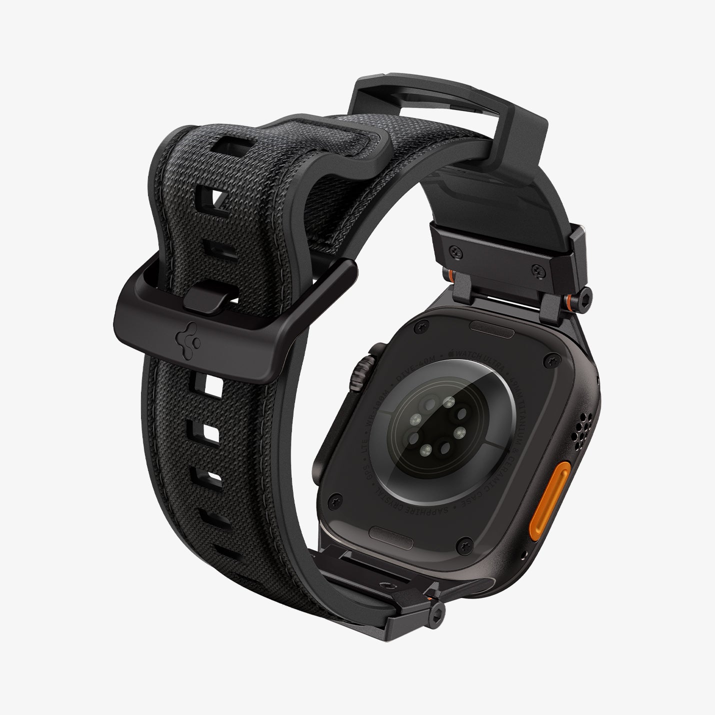 AMP09229 - Apple Watch Ultra (49mm) DuraPro Armor in Black Edition showing the back and partial inside of watch 