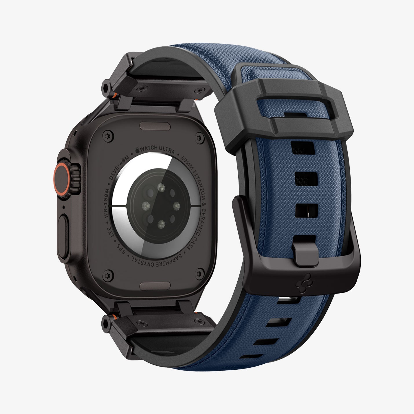 AMP09103 - Apple Watch Ultra (49mm) DuraPro Armor in Navy Blue showing the back and partial inside of watch band
