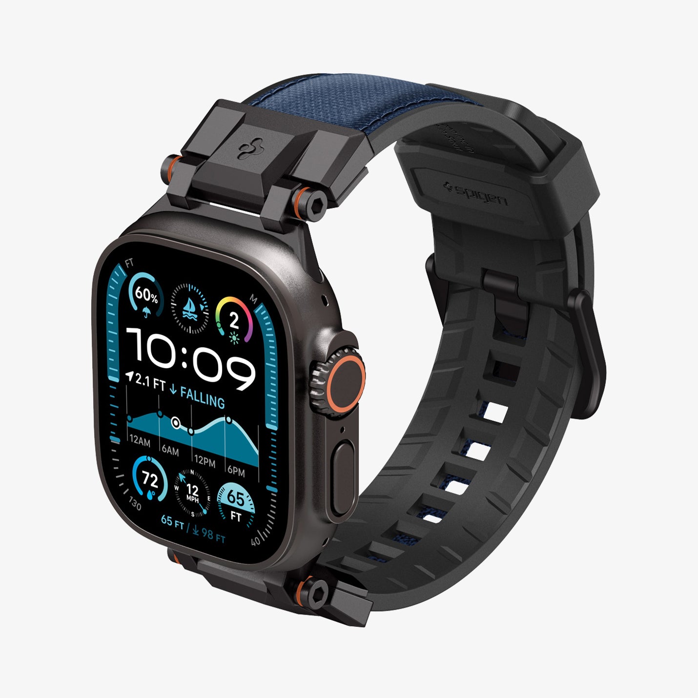 AMP09103 - Apple Watch Ultra (49mm) DuraPro Armor in Navy Blue showing the front of the watch face, partial side and inner