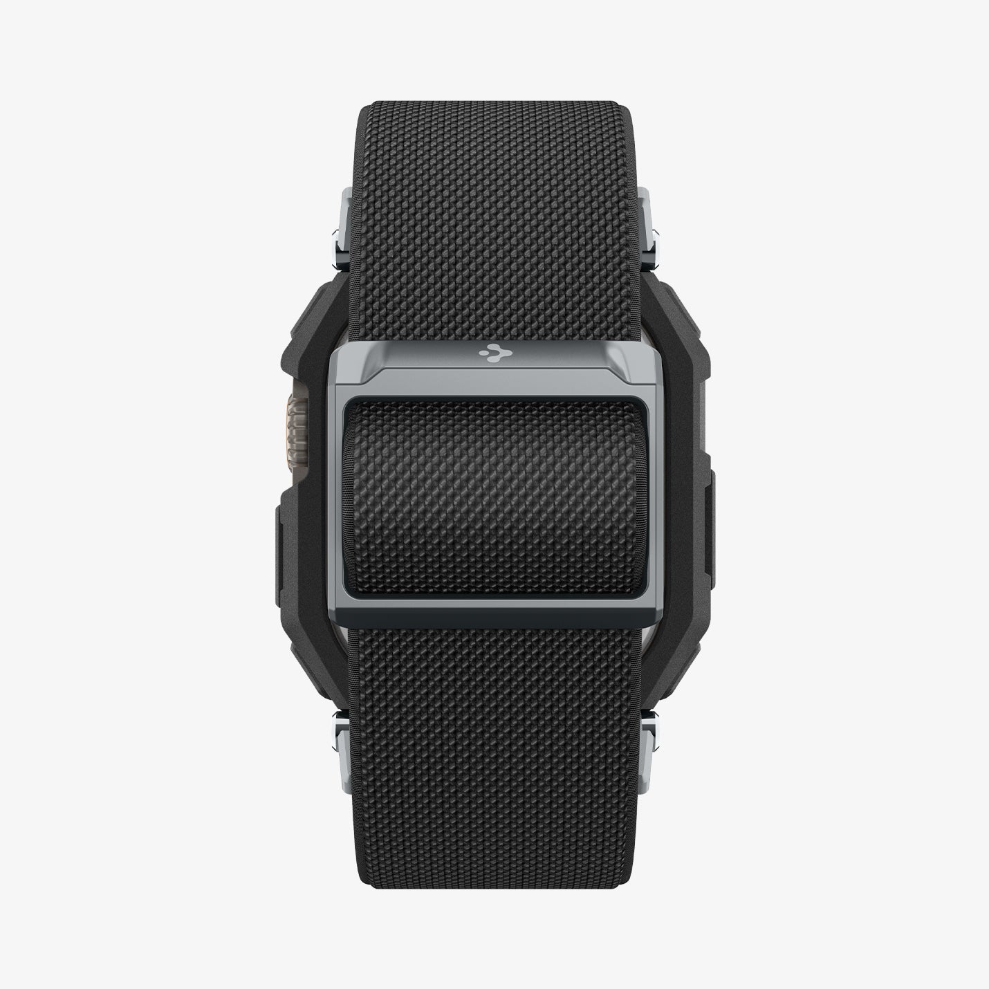 ACS11415 - Straight-on back view of Spigen Lite Fit Pro Apple Watch Ultra case showing Spigen logo and black nylon band clasp
