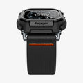 ACS11415 - Front view of Spigen Lite Fit Pro Apple Watch Ultra case with Spigen branding and black nylon band with orange stitching detail